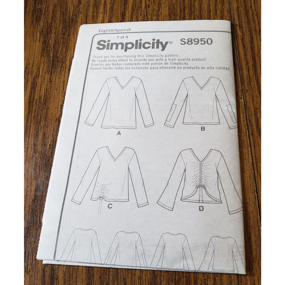 Simplicity Pattern S8950 Ms V-Neck Knit Sweater Tops w/Length~Sleeve Size 6-14 - Picture 5 of 6